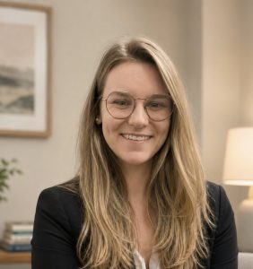 Professional headshot of Abigail Mundt smiling, wearing glasses and a black blazer, with a warm and neutral background.