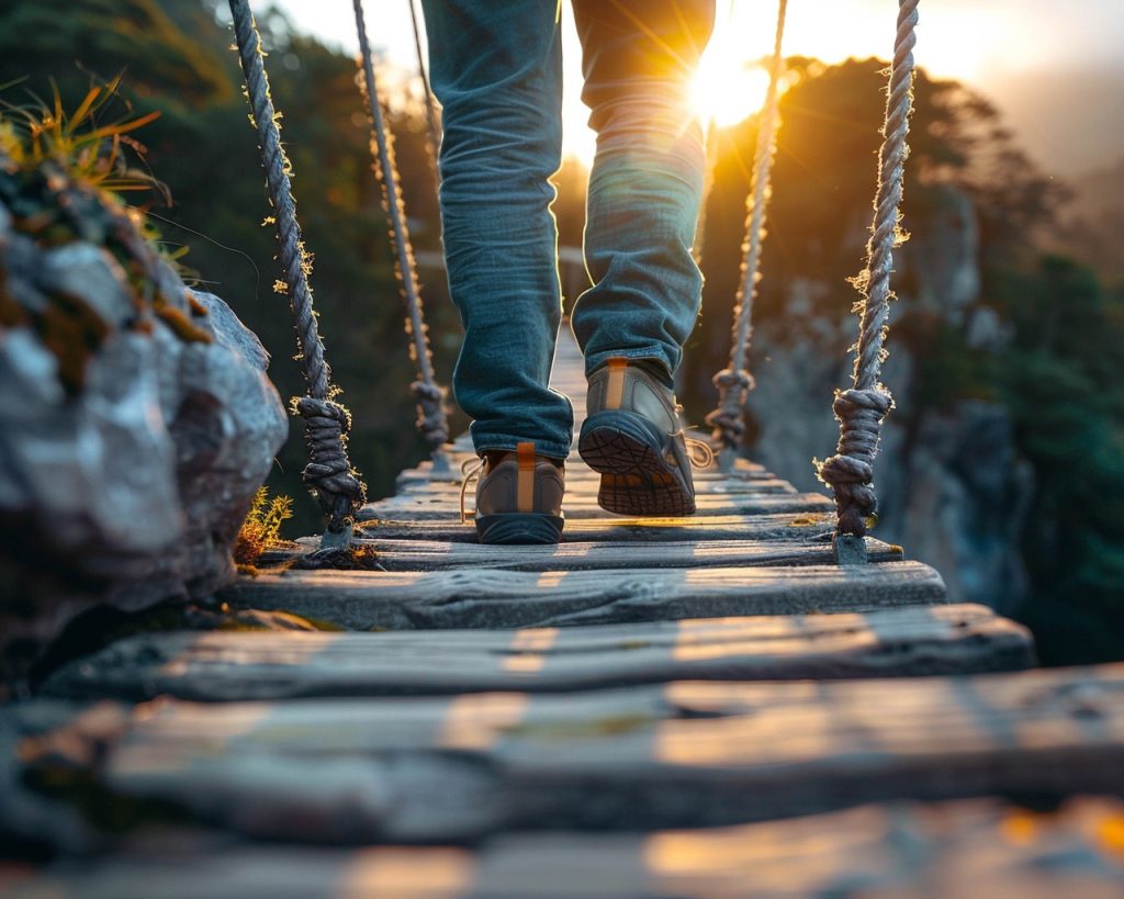 Close-up of a person’s feet in hiking boots walking across a rustic wooden suspension bridge, symbolizing a journey or path forward.