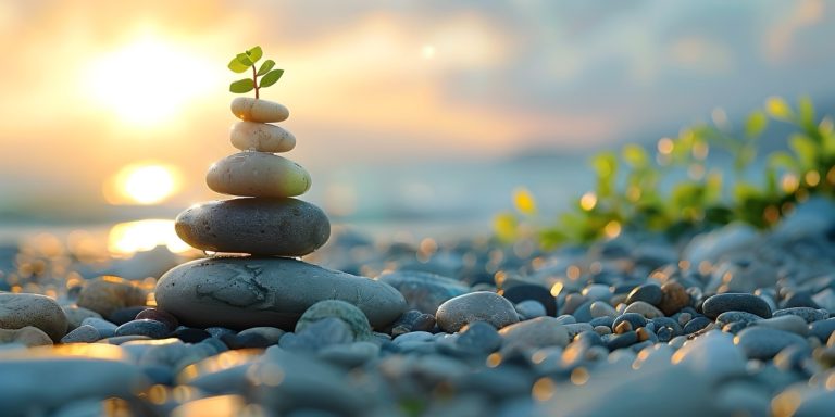 A stack of balanced meditation stones with a single green leaf on a pebble beach, capturing a sense of calm and recentering for a River's Bend mid-year mental health check.