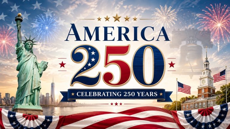 A celebratory graphic for America’s 250th birthday featuring the number 250 in front of the United States flag and a silhouette of the historical skyline.
