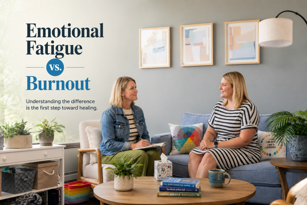 Two women sitting in armchairs in a cozy office setting, engaged in a supportive conversation. Overlaid text reads, "Emotional Fatigue vs. Burnout: Understanding the difference is the first step toward healing.