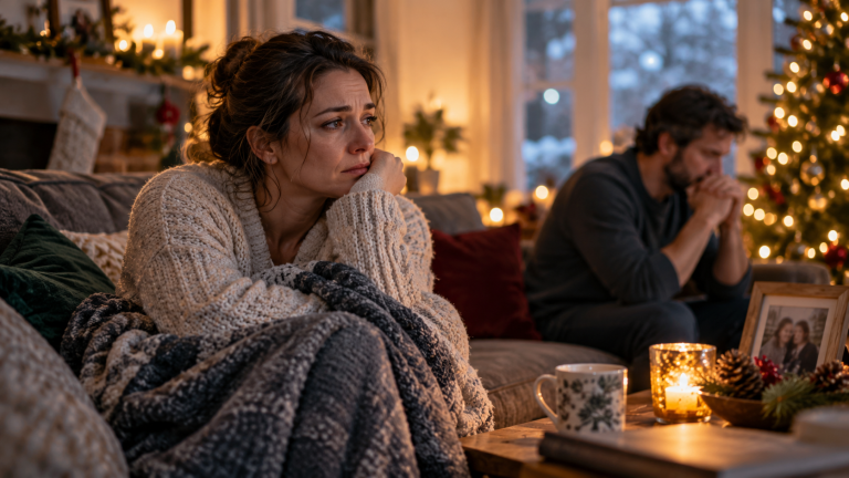 Distressed couple sitting apart in a warmly decorated holiday living room while coping with grief, stress and difficult emotions.